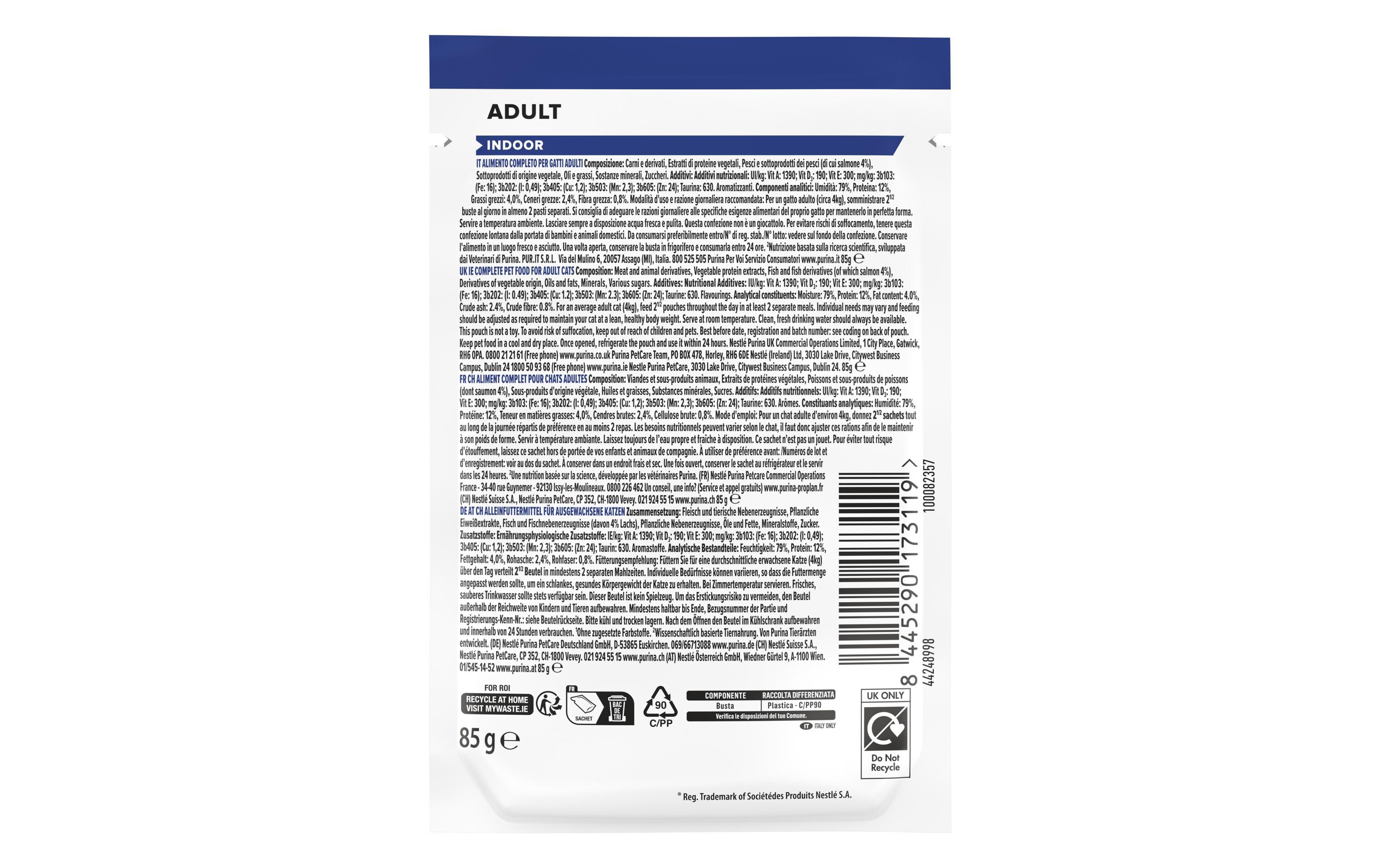 Adult Indoor in Sauce mit Lachs 26 x 85 gAlleinfuttermittel für ausgewachsene Katzen