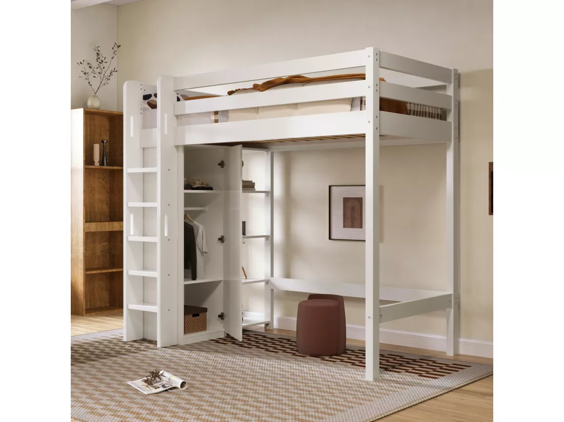 Lit mezzanine 90 x 200 cm avec armoire et 6 étagères - bois massif + MDF - blanc