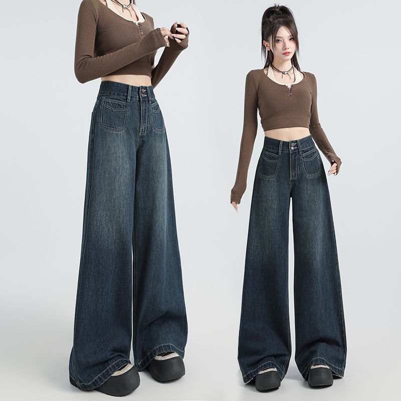 Denimot - High Rise Washed Wide Leg Jeans (diverse designs)