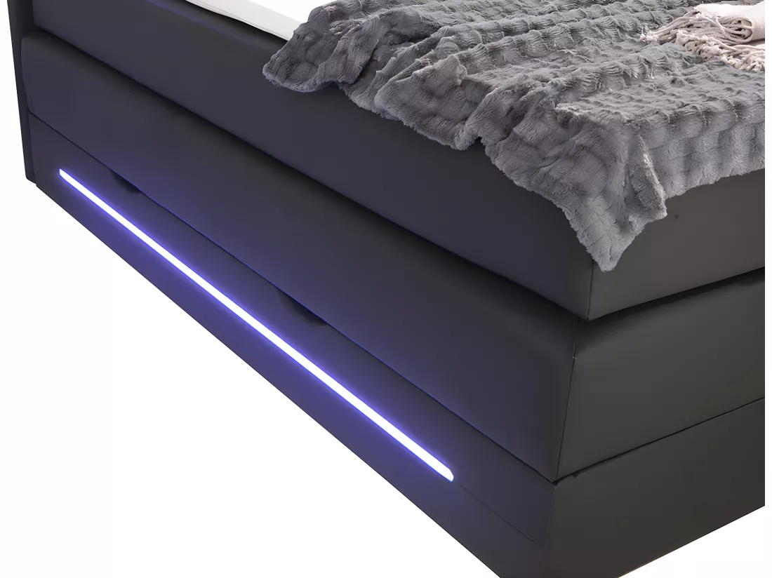 Ensemble complet boxspring tête de lit avec leds + sommiers coffre + matelas + surmatelas - 160 x 200 cm - Simili - Noir - KEROS de YSMÉE