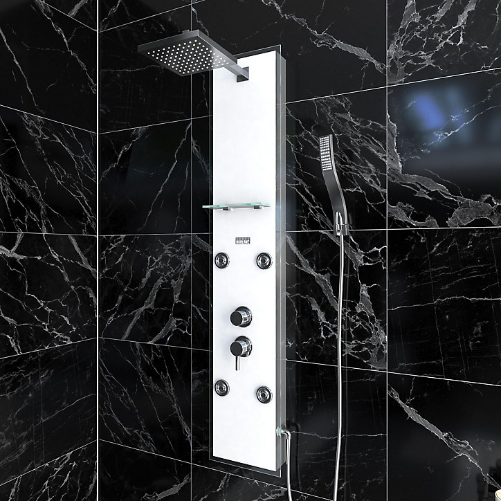 Colonne de douche hydromassante mécanique avec pommeau + douchette + flexible, blanc, Galedo Glass