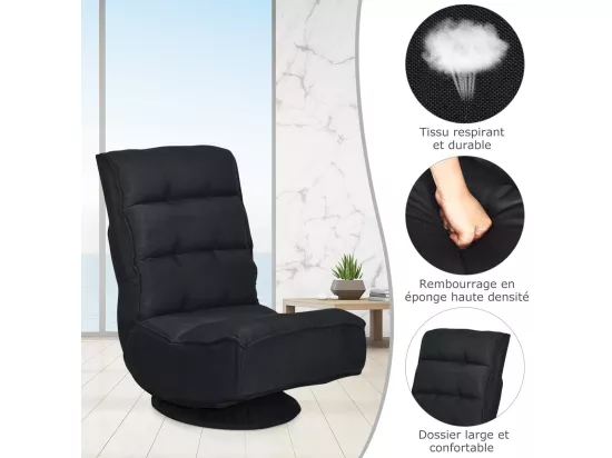Chaise de Sol Pliable et Réglable en 5 Positions, Chaise Pivotante et Convertible Rembourrée Confortable, Fauteuil Salon Relax Sol Idéale pour Lire, Regarder la Télévision ou Jouer (Noir)