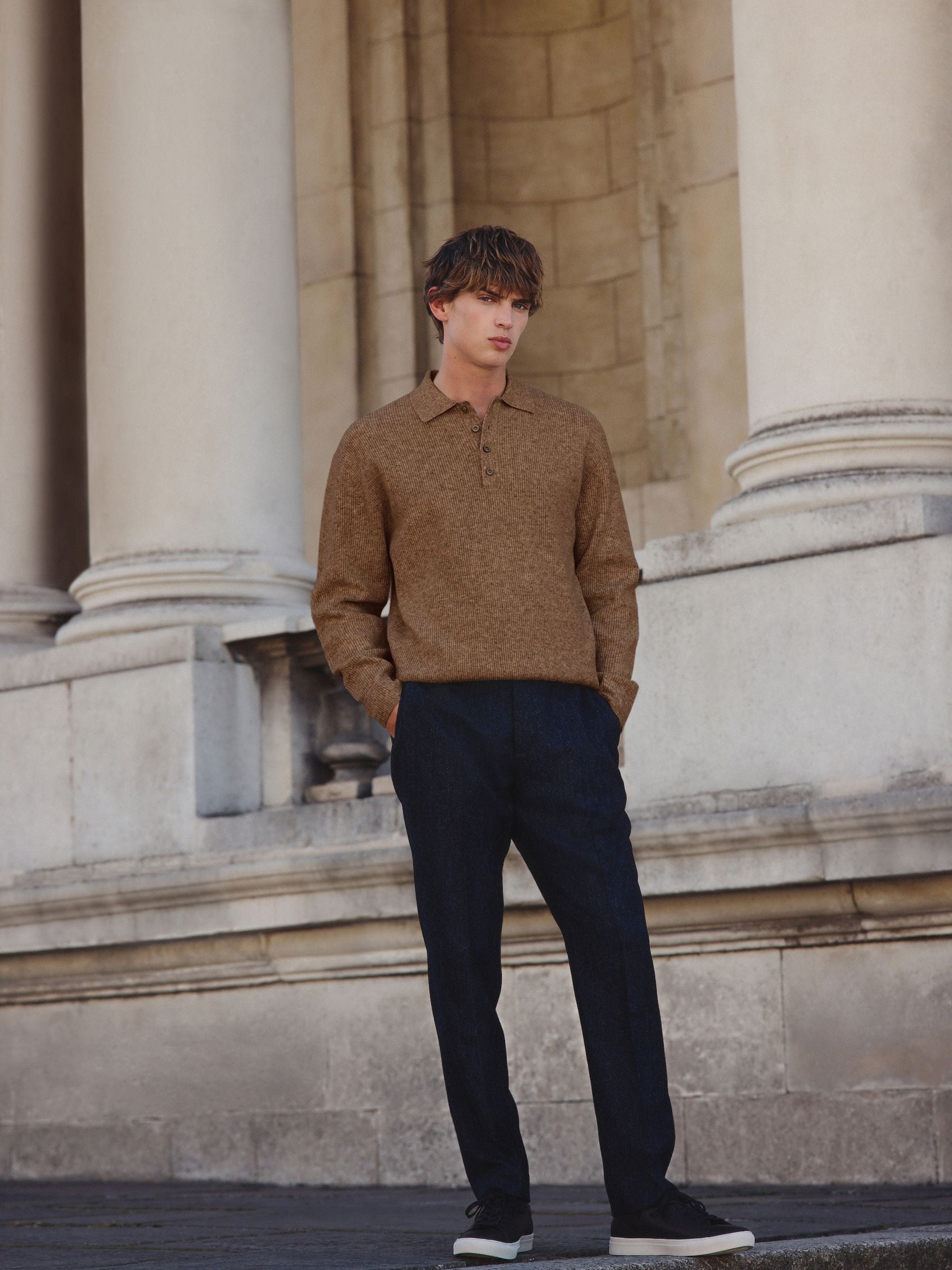 Lichtbruin - Regular-fit poloshirt met textuur, lange mouwen, wol en gebreid