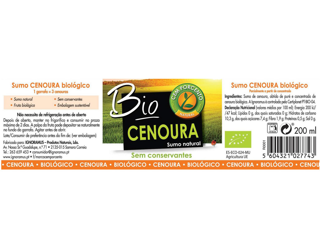 SUMO CEM PORCENTO DE CENOURA NATURAL BIOLÓGICO 200ML
