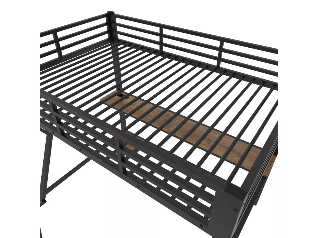 Lit mezzanine 90x200cm avec LED et prises - bureau + escalier - Noir