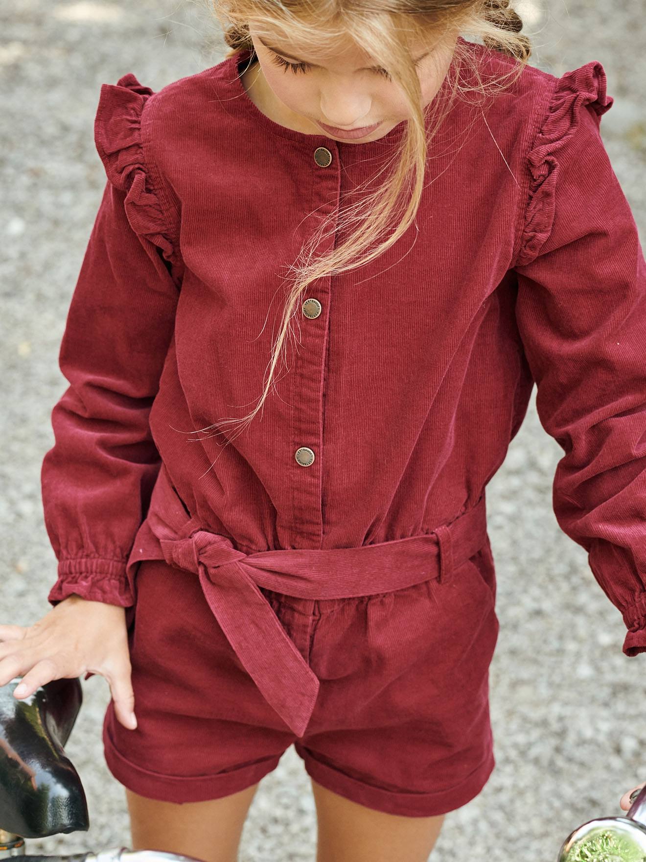 Macacão curto de veludo com babados, para meninas, vermelho escuro liso