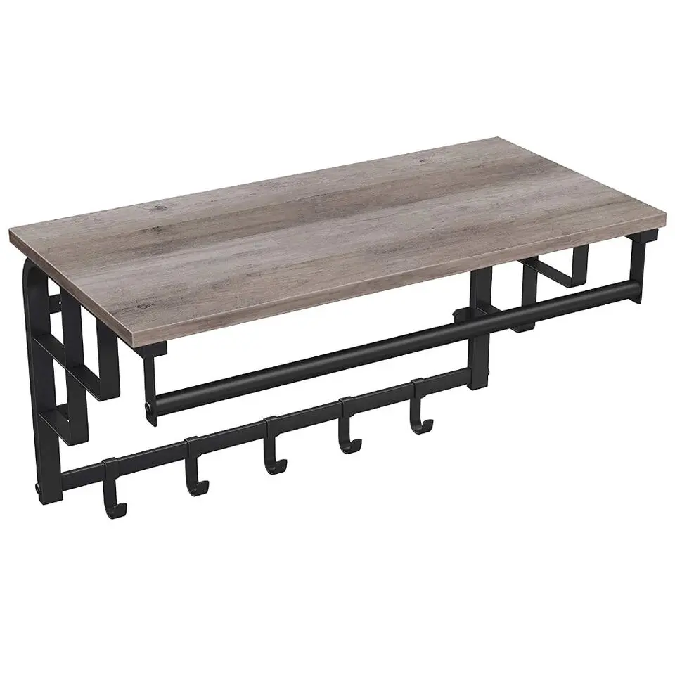 Hangende Kapstok met Plank, 5 haken - Grijs zwart