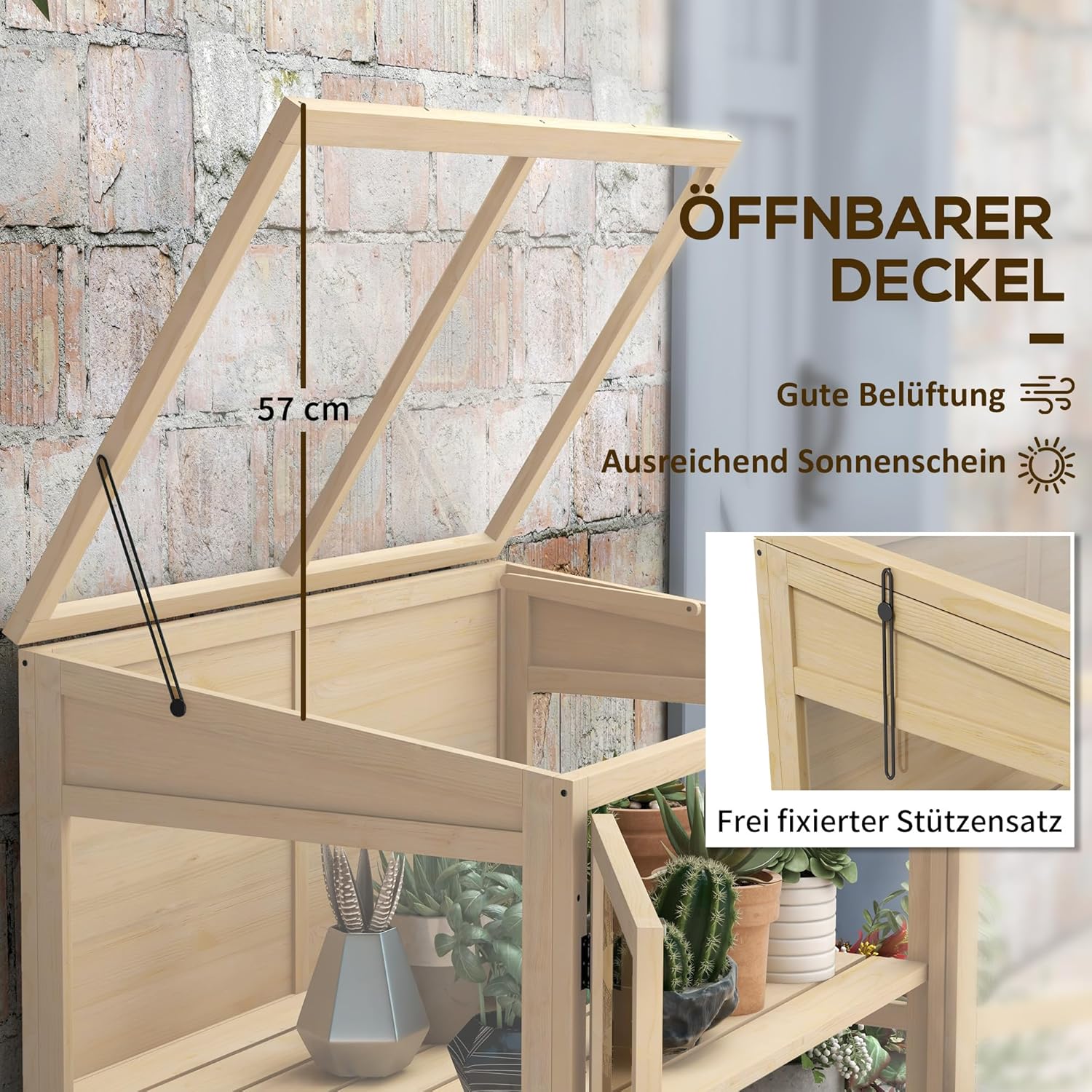 Outsunny Frühbeet aus Holz Gewächshaus 2-Stufiges Hochbeet mit Dachfenster, Doppeltür, Winddichtes Treibhaus, für Balkon, Garten, Natur, 103 x 61 x 103 cm