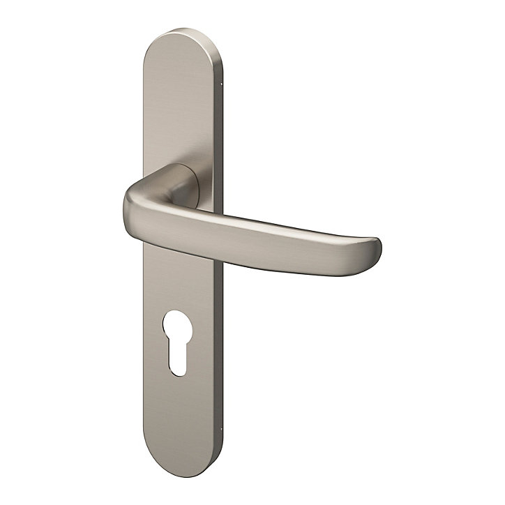 Ensemble poignée sur plaque rondcylindre GoodHome Govlin effet nickel satin gris L.130mm x l.42mm entraxe 165-195mm
