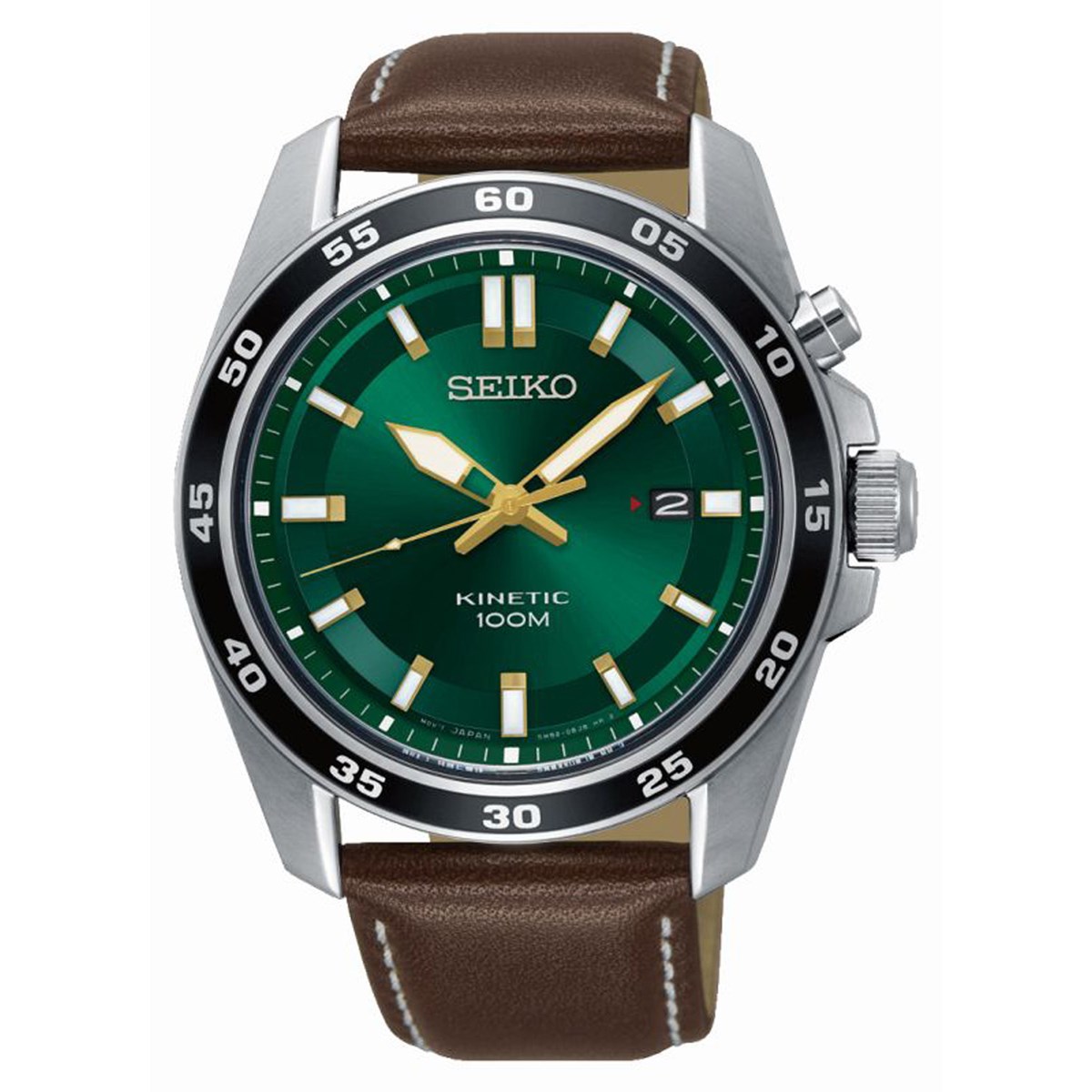Montre Seiko kinetic sport vert cuir marron.