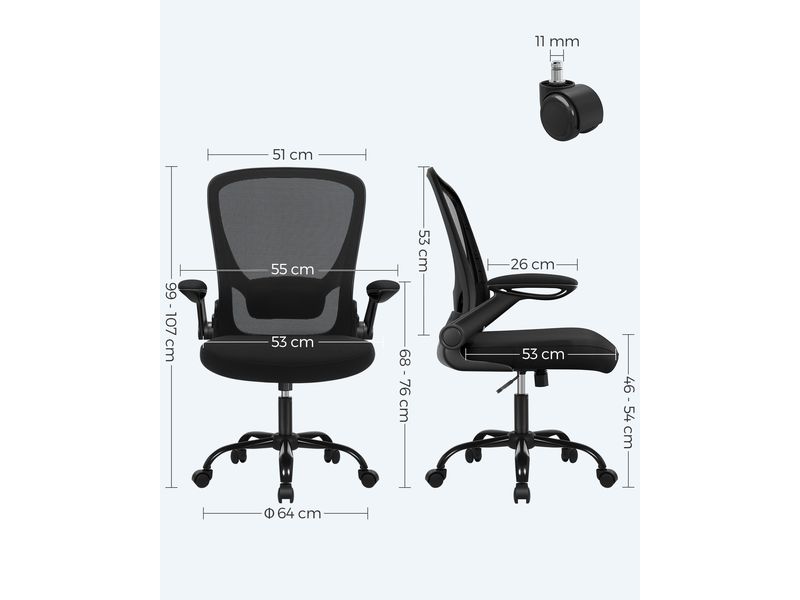 Songmics Bürostuhl mit klappbaren Armlehnen, Schwarz Ergonomischer Bürostuhl