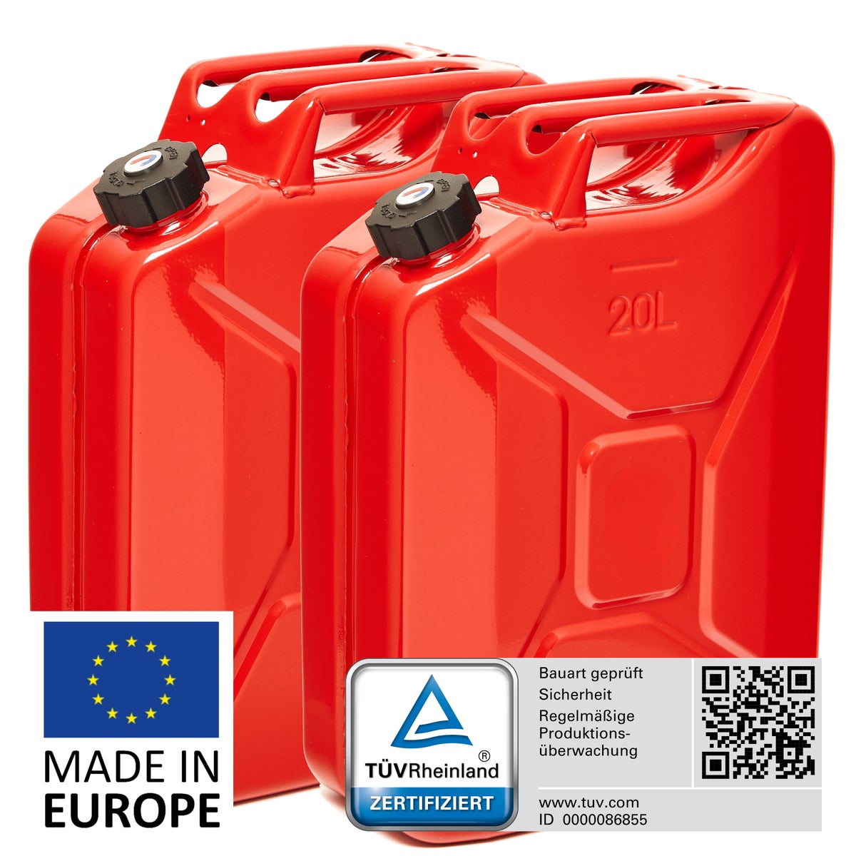 BW Metalen Brandstofbussen, Benzineblikken, 2 x 20 Liter met Schroefdop - Rood - RAL 3000 - TÜV-getest en UN-goedgekeurd - Gemaakt in Europa