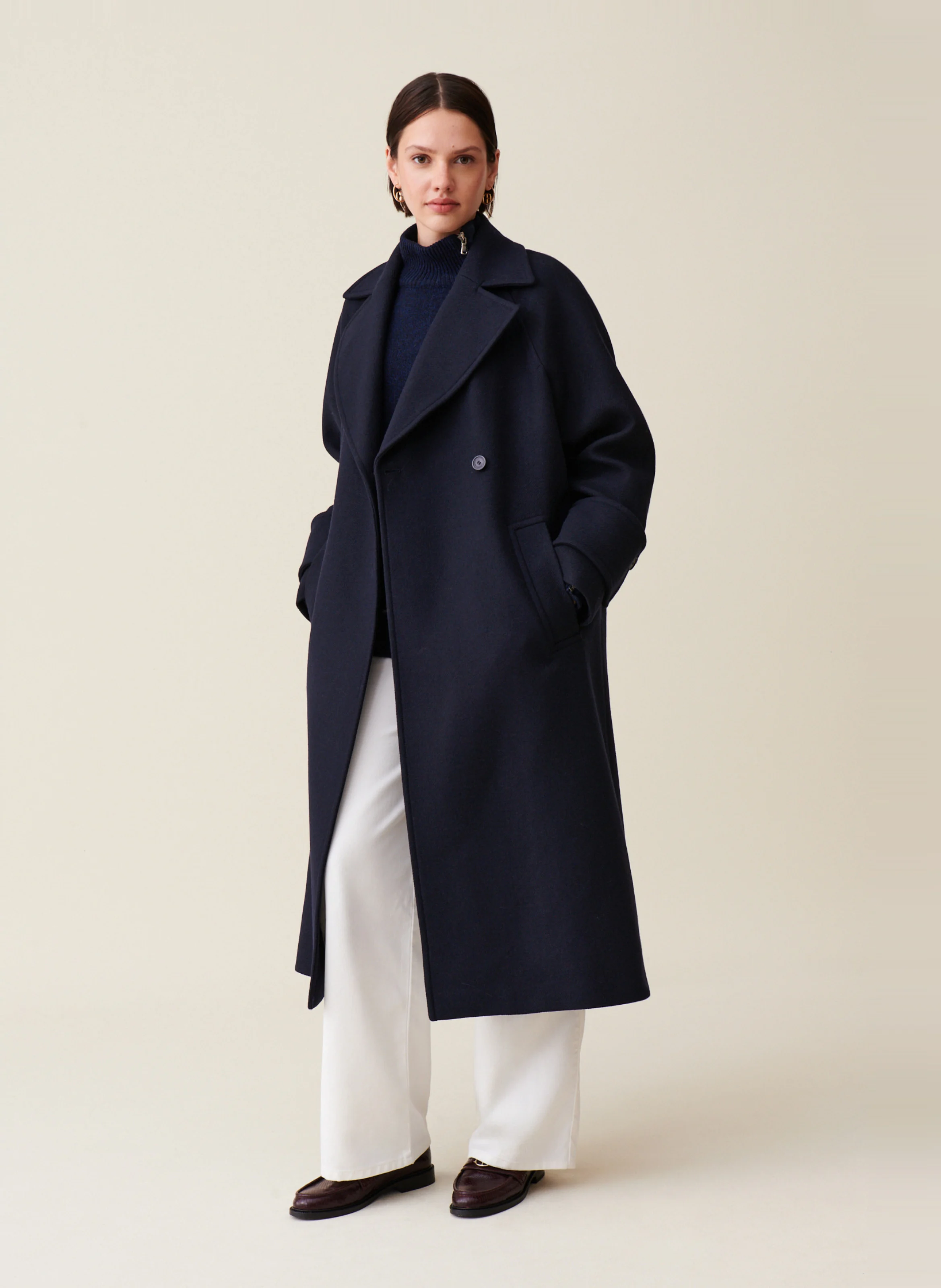 Veste col tailleur en laine mélangée| Bleu