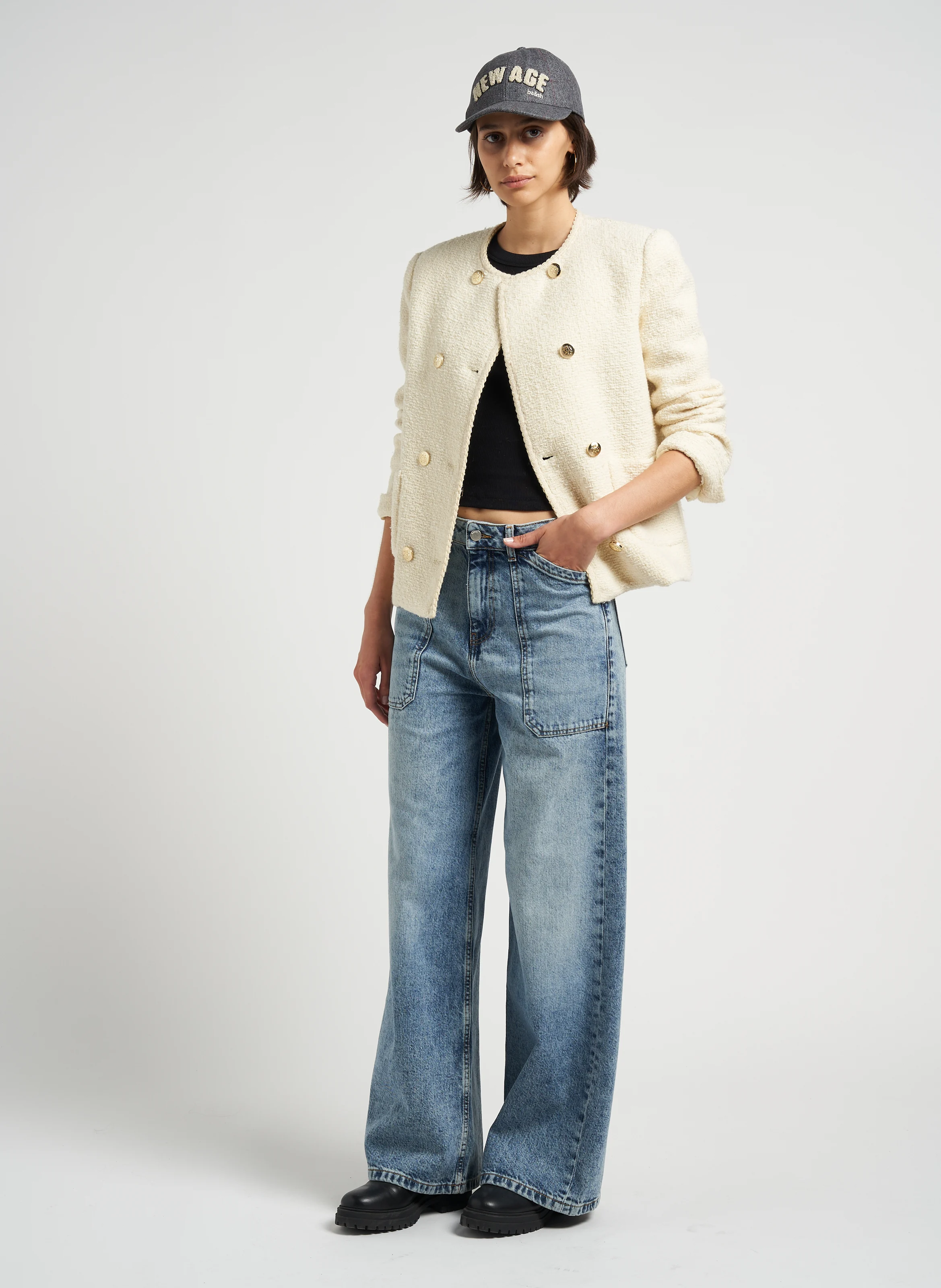 MELLOU - Jean large taille haute en denim de coton | Bleu