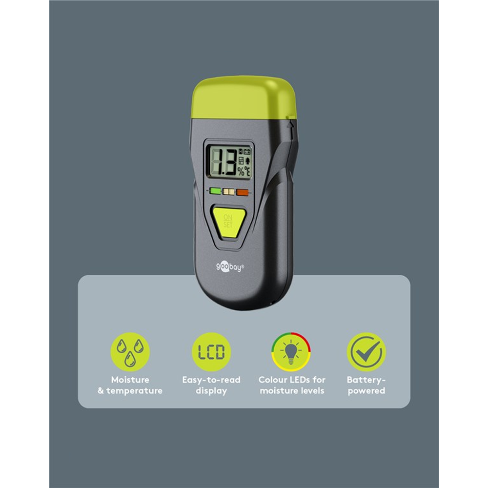 Tools Digitales Feuchtigkeits Messgerät Temperatur Prüfer für Brennholz / Beton / Wände / Baustoffe inkl. Batterien (77832) - Schwarz / grün