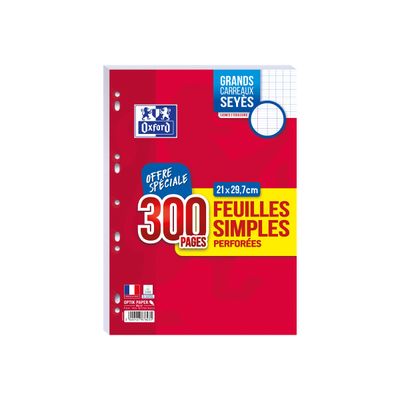 Oxford - feuilles simples A4 - 300 pages sous film - grands carreaux (Seyes) - perforées