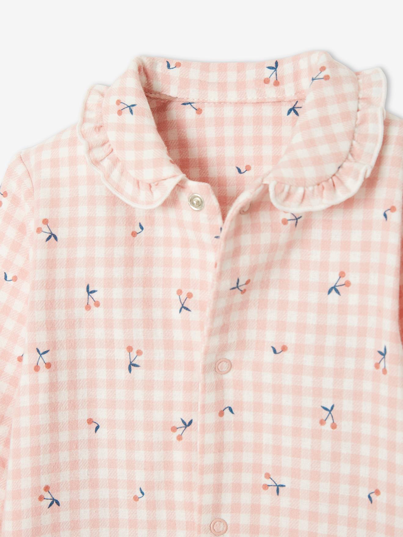 Pijama de flanela de algodão para bebê, xadrez rosa médio