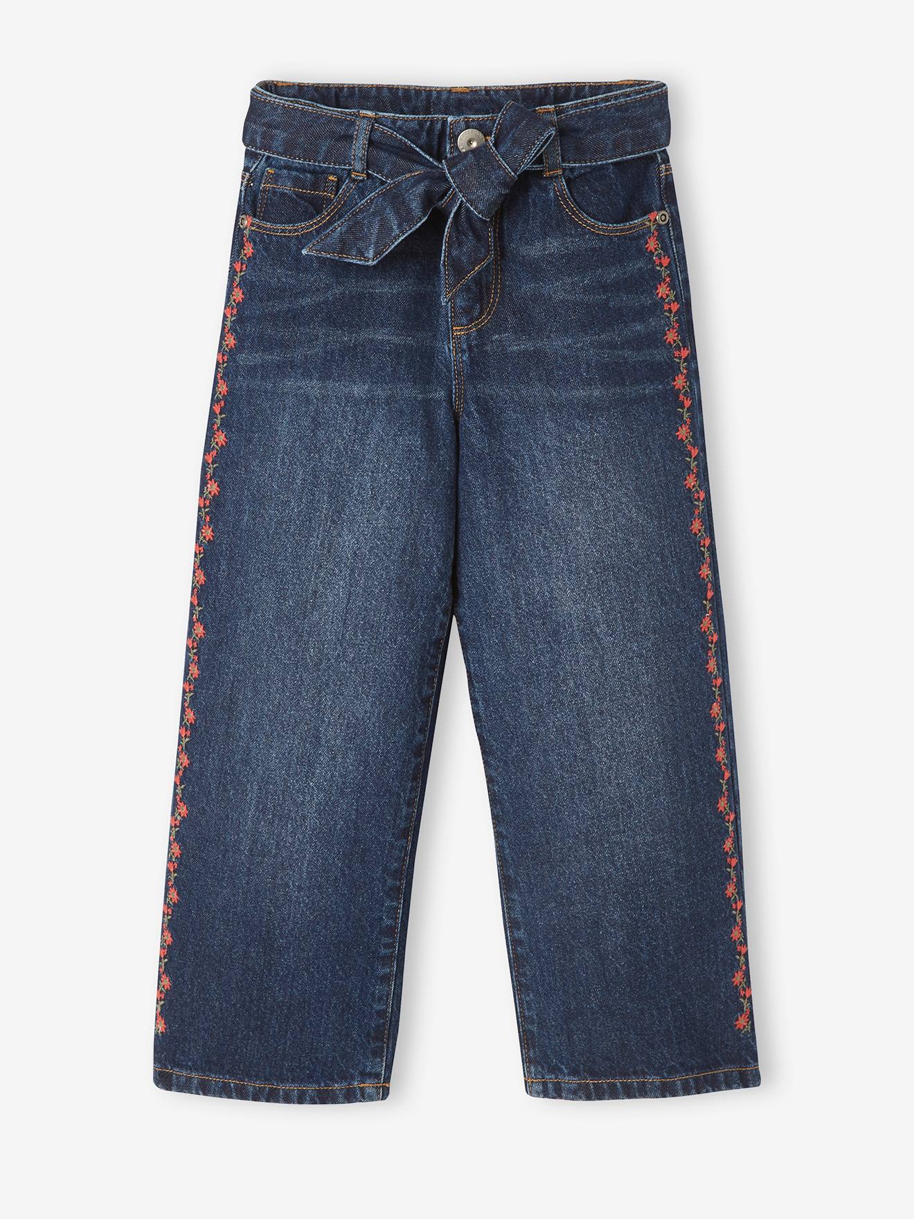 Calças de pernas largas bordadas com flores, para meninas, lisas, azul-escuras com motivos.
