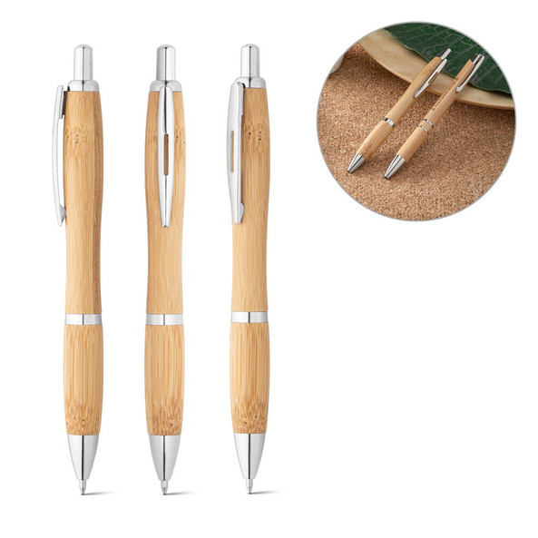 hi!dea 81010 - Stylo à bille en bambou avec clip et attributs métalliques