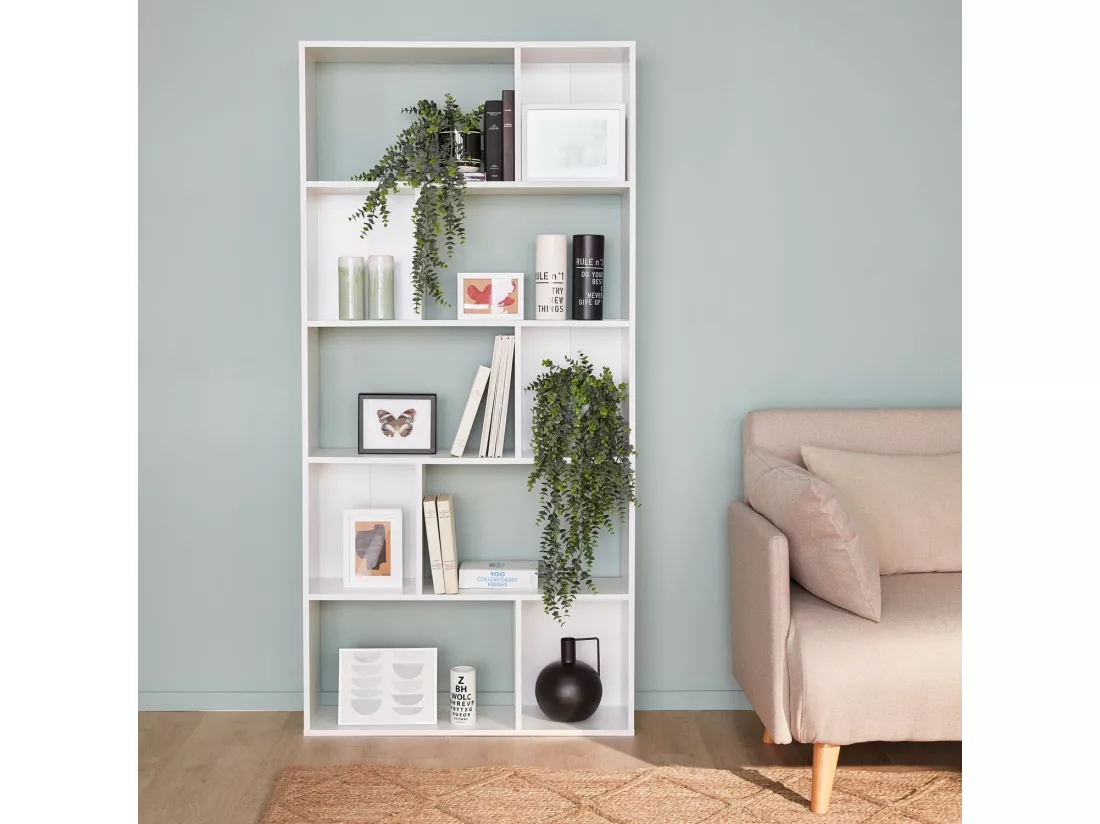 Bibliothèque design asymétrique – Pieter – 5 étagères. 10 compartiments de rangement. 83x23x173cm