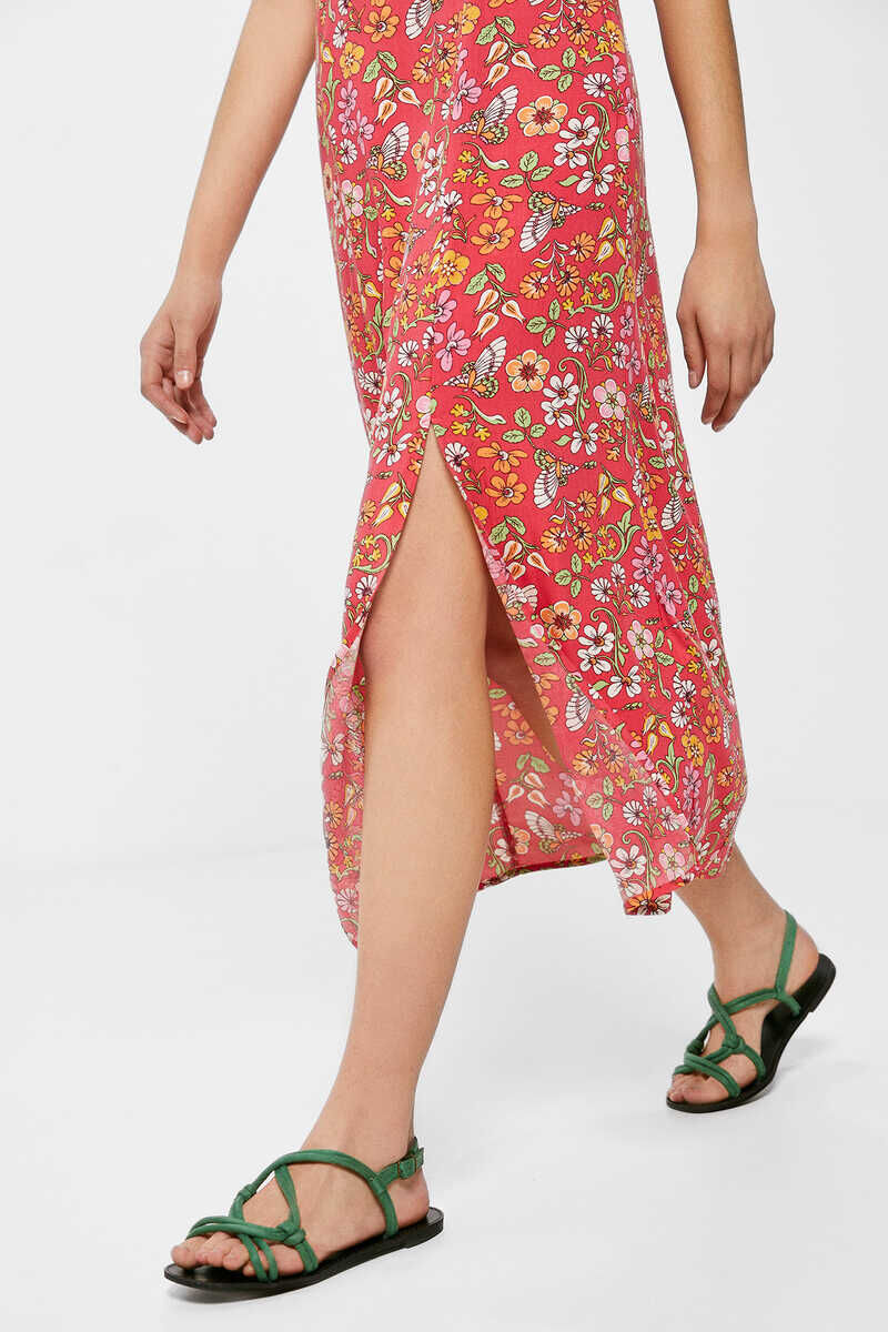 Vestido midi com decote franzido - Estampa vermelha