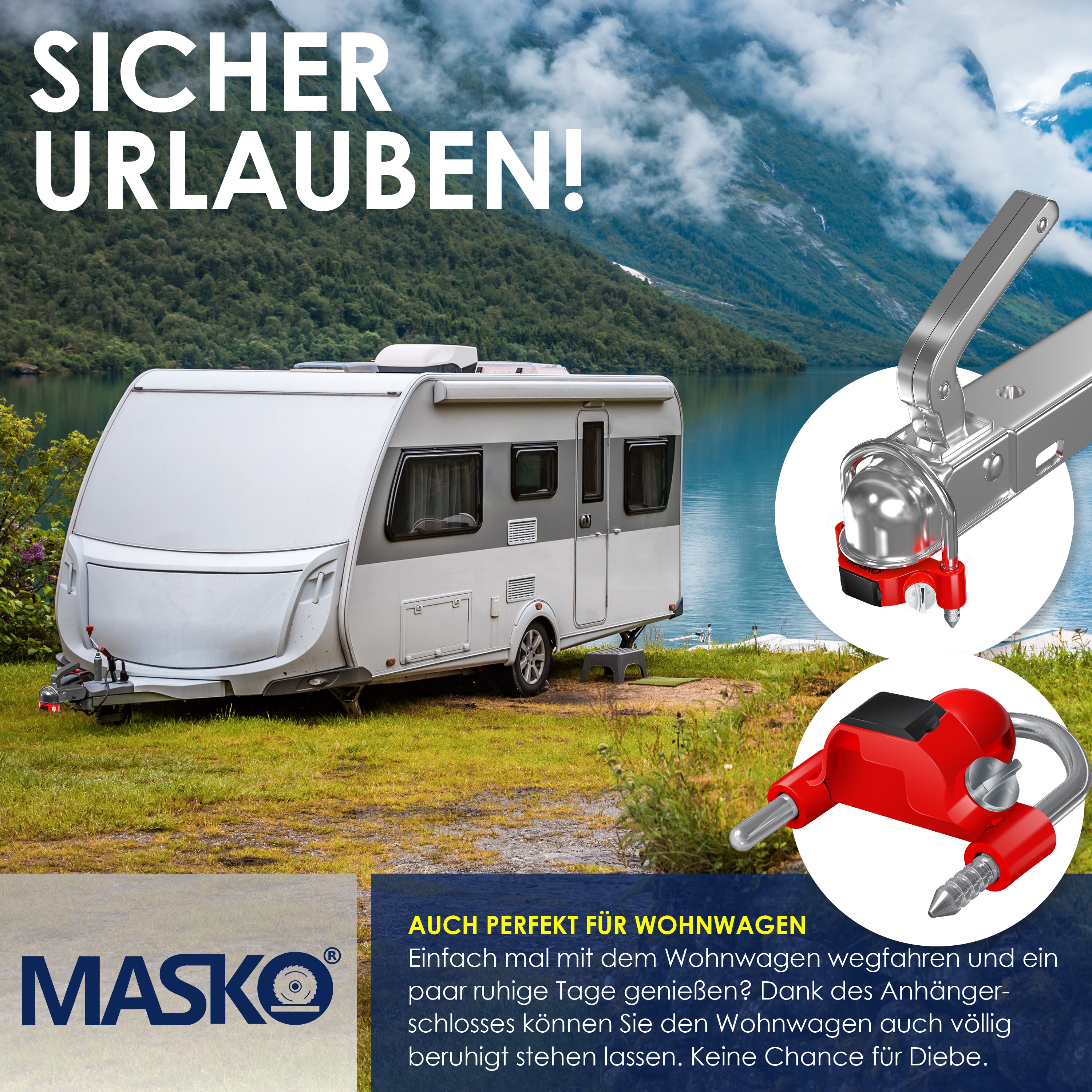 MASKO® Anhängerschloss Zahlenschloss mit 4 Stellig Code für gängige Anhängerkupplung Anhängerkugelsperrkupplung einfache Montage Diebstahlschutz Wohnwagen Anhänger Abschleppsperre Stahlbügel