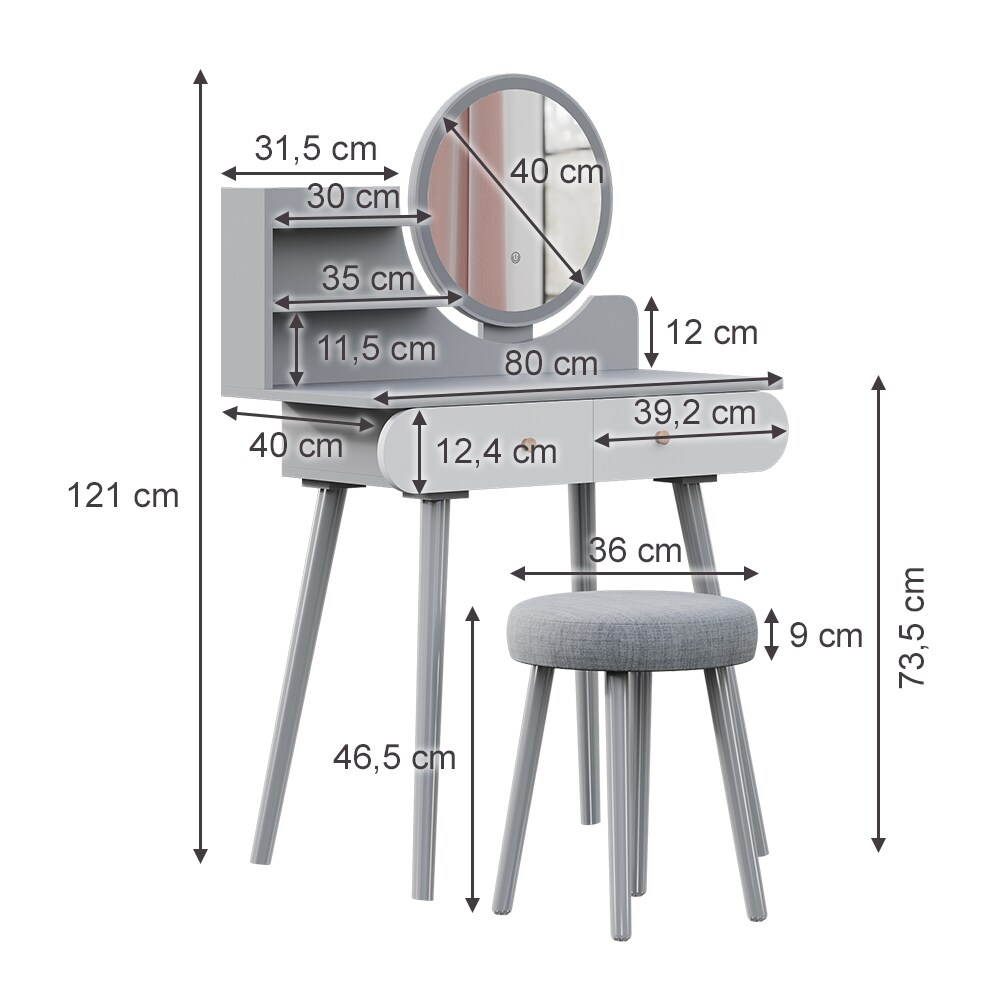 Vicco Schminktisch Edda LED-Spiegel Hocker 80 x 121 cm Grau Weiß Frisiertisch
