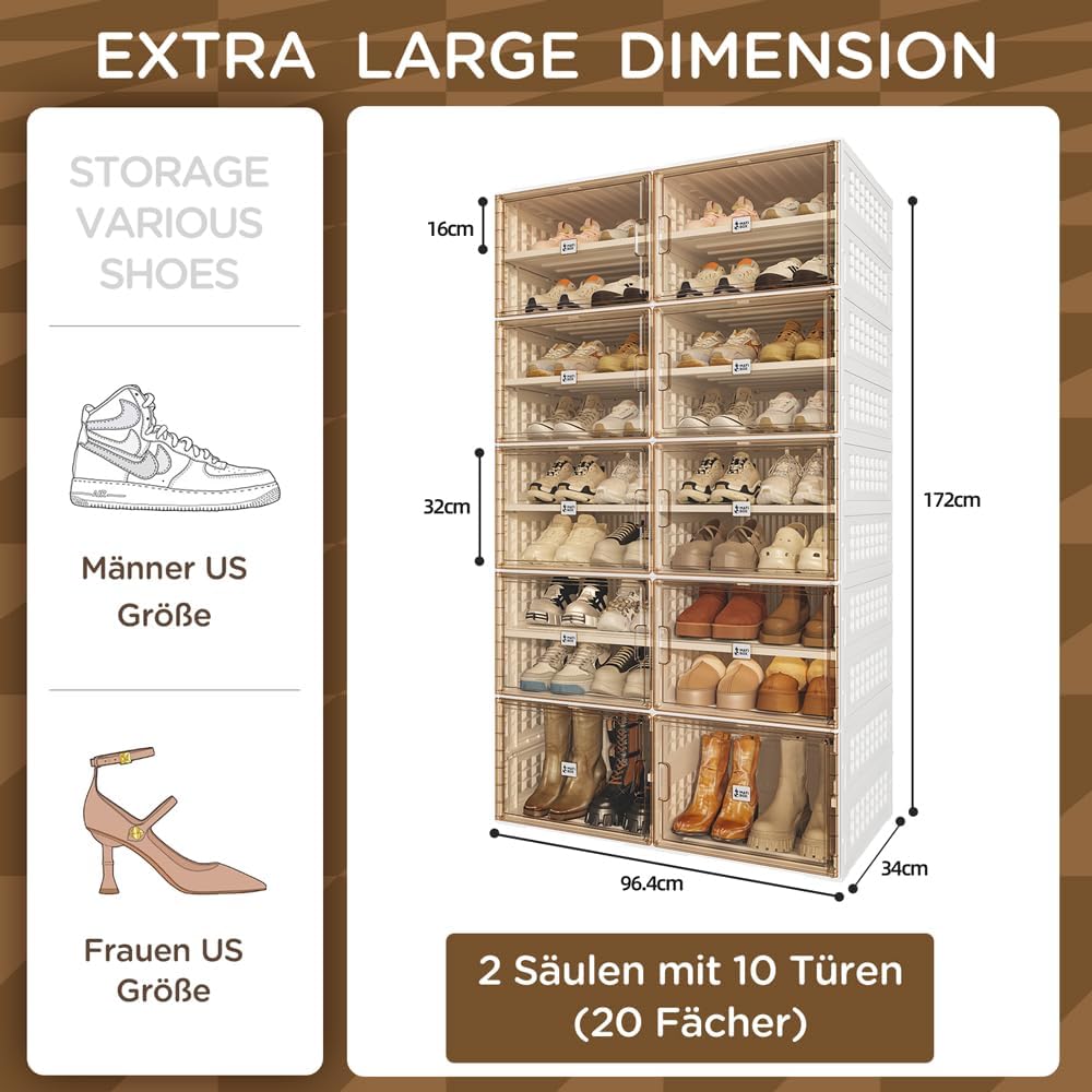 Großer Schuhschrank,Transparente Schuhboxen,Schuhregal Platzsparend,Stapelbar, mit Magnetischer Tür,9 Schichten (Geeignet für große Schuhe+Zusätzliche 11 cm Breite)