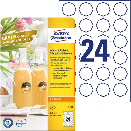 Avery Zweckform 5082 Wiederablösbare, achteckige Etiketten,A4 40,8 x 40,3 mm, 10 Bogen/240 Etiketten, weiß