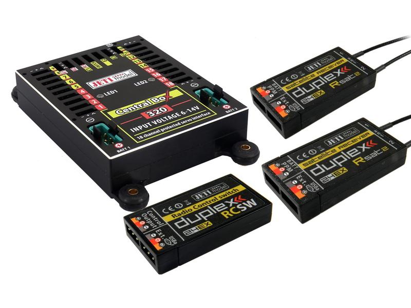 Jeti Akkuweiche Central Box 320 mit 2x Rsat2 und RCSW Umfassendes Management mehrerer Servos in einem Modell mit hohen Sicherheitsansprüchen