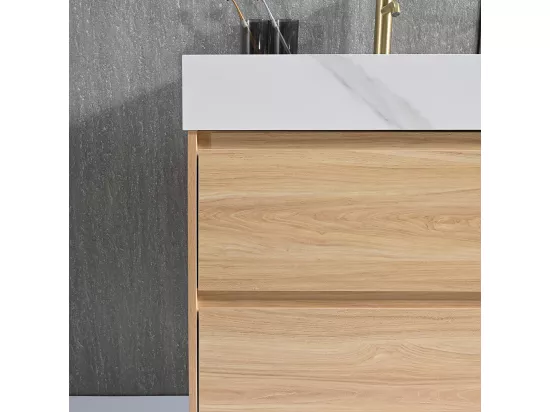Meuble salle de bain double vasque 120cm bois naturel et effet marbre blanc avec miroir LED LB-8476C-120