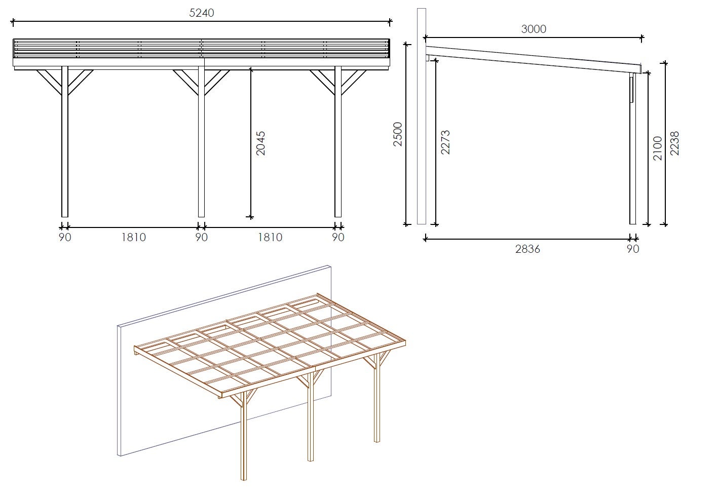 Carport garage dak 3x5,24 m - 15 m2 - PVC bekleding