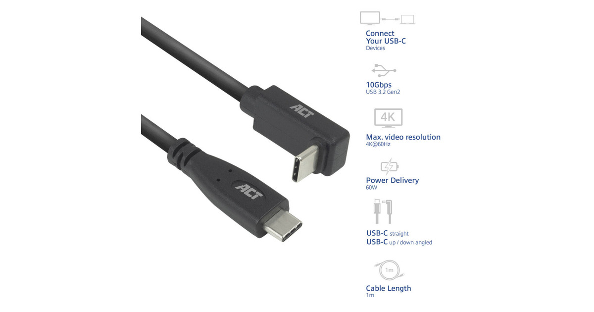 ACT ConnectivityUSB 3.2 USB-C (recht) naar USB-C (omhoog/omlaag haaks) kabel  (Zwart, 10 Gbit/s, 60W, 1 meter)