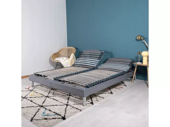 Sommier électrique S62+Lattes bois - Réglage fermeté zone lombaires - 2x70x190 - Gris