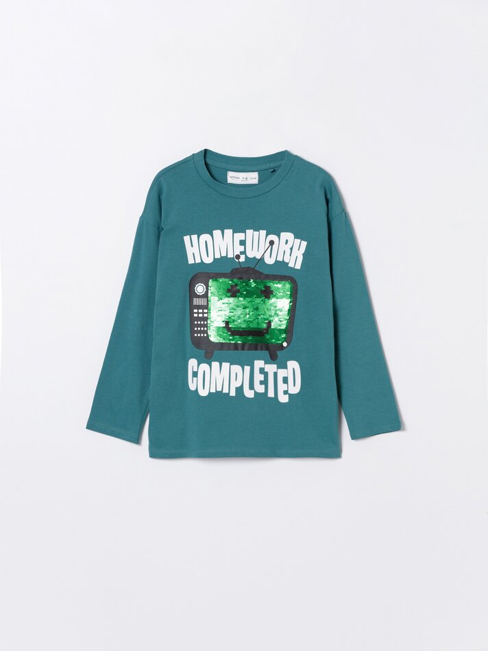 Camiseta de manga comprida estampada - Verde Médio