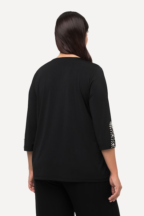Bluse, Zierfalte, Perlen, A-Linie, V-Ausschnitt, 3/4-Arm