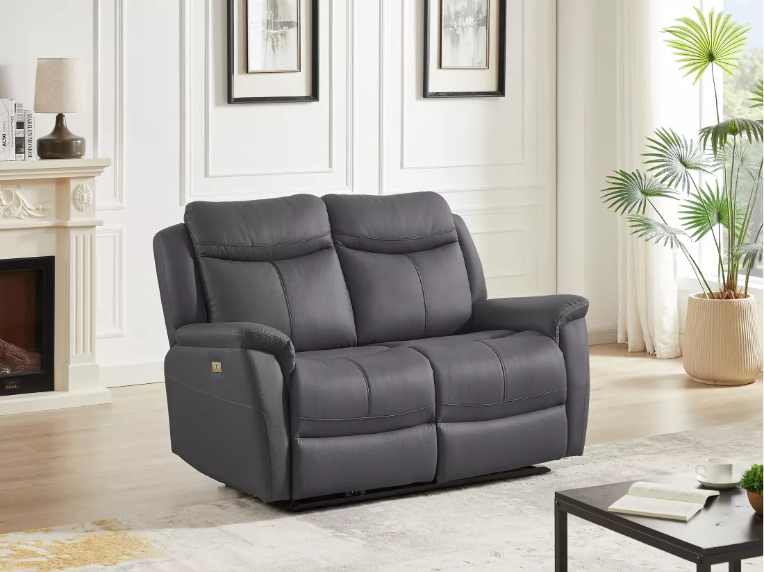 Canapé 2 places relax électrique en cuir de vachette gris anthracite NOMAJO
