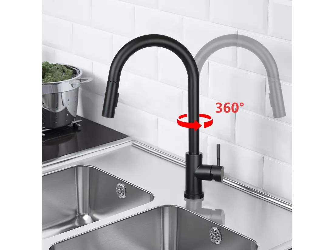 NETTLIFE Robinet de cuisine avec pomme de douche extensible, à haute pression, en acier inoxydable à jet double et pivotant à 360 °, Noir