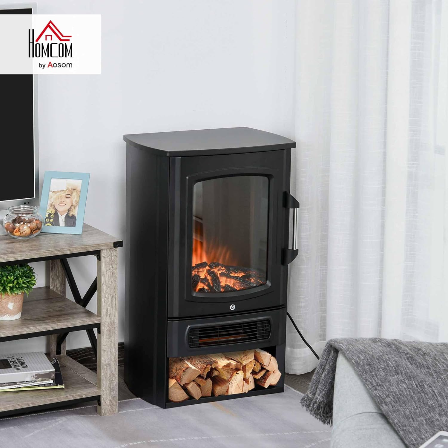 HOMCOM Elektrokamin mit Heizung, elektrischer Kamin mit LED Flammeneffekt, 1000 W/2000 W Dekokamin mit Thermostat, elektrisch Kaminfeuer Kaminofen, Schwarz
