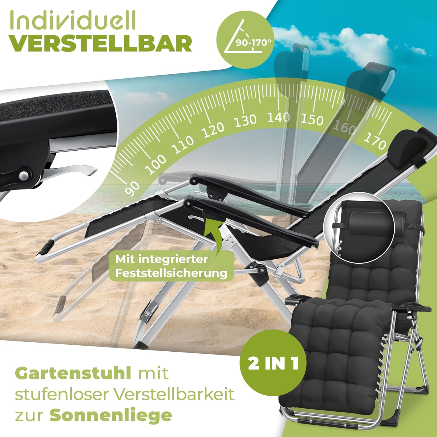 KESSER® Sonnenliege Liegestuhl Klappbar & Wetterfest, Gartenstuhl Belastbar 200kg Ergonomisches Polster Extra Breit Verstellbare Rückenlehne Gartenliege inkl. Nackenkissen & Getränkehalter, Schwarz