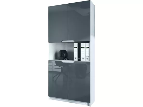 Armoire de rangement avec 5 compartiments et 4 portes, blanc mat/gris haute brillance (82 x 184 x 37 cm)