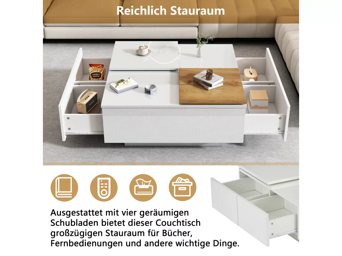 Table basse carrée moderne en bois blanc laqué 75x75x33,5 cm avec plateau mobile, capacité de charge jusqu'à 30 kg, 4 tiroirs