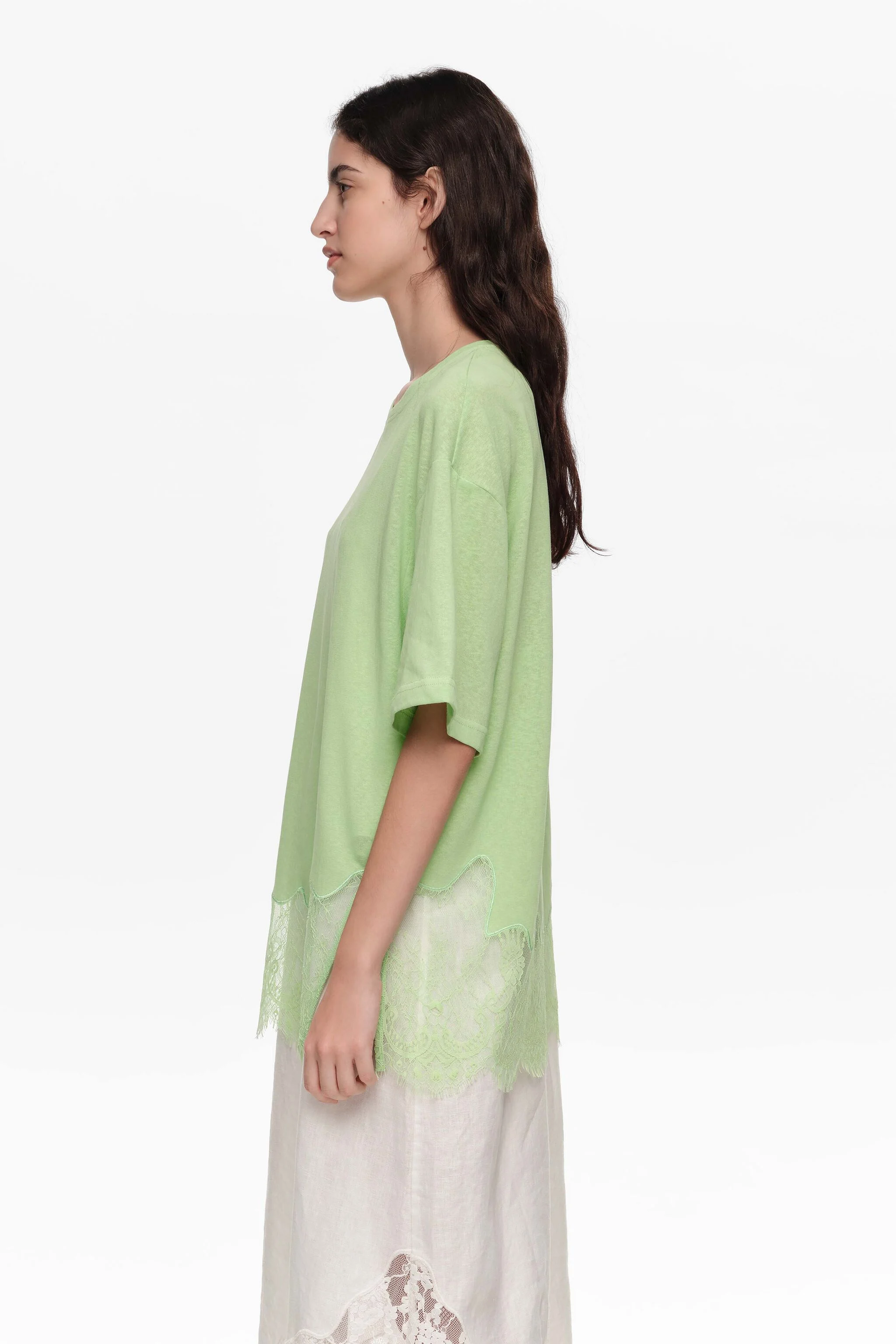 Camiseta longa de renda verde-maçã