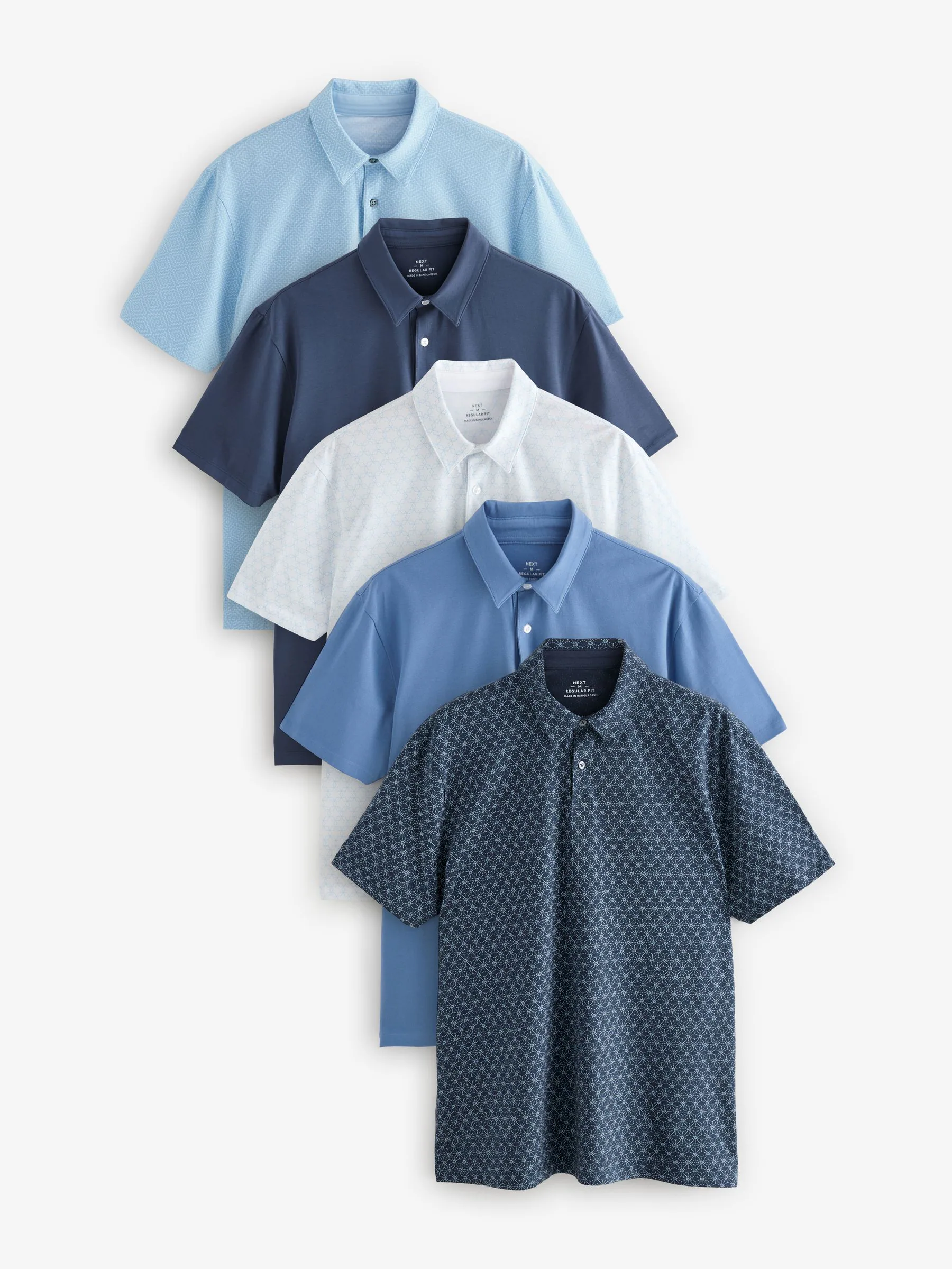 Blauw geo/blauw vlak - Normale Pasvorm - Set van 5 jersey poloshirts met korte mouwen