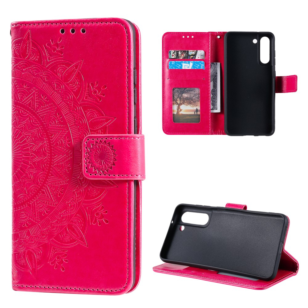 Samsung Galaxy S21 FE 5G Leder Tasche Wallet - Mandala Flowers Imprint - Rot / Pink