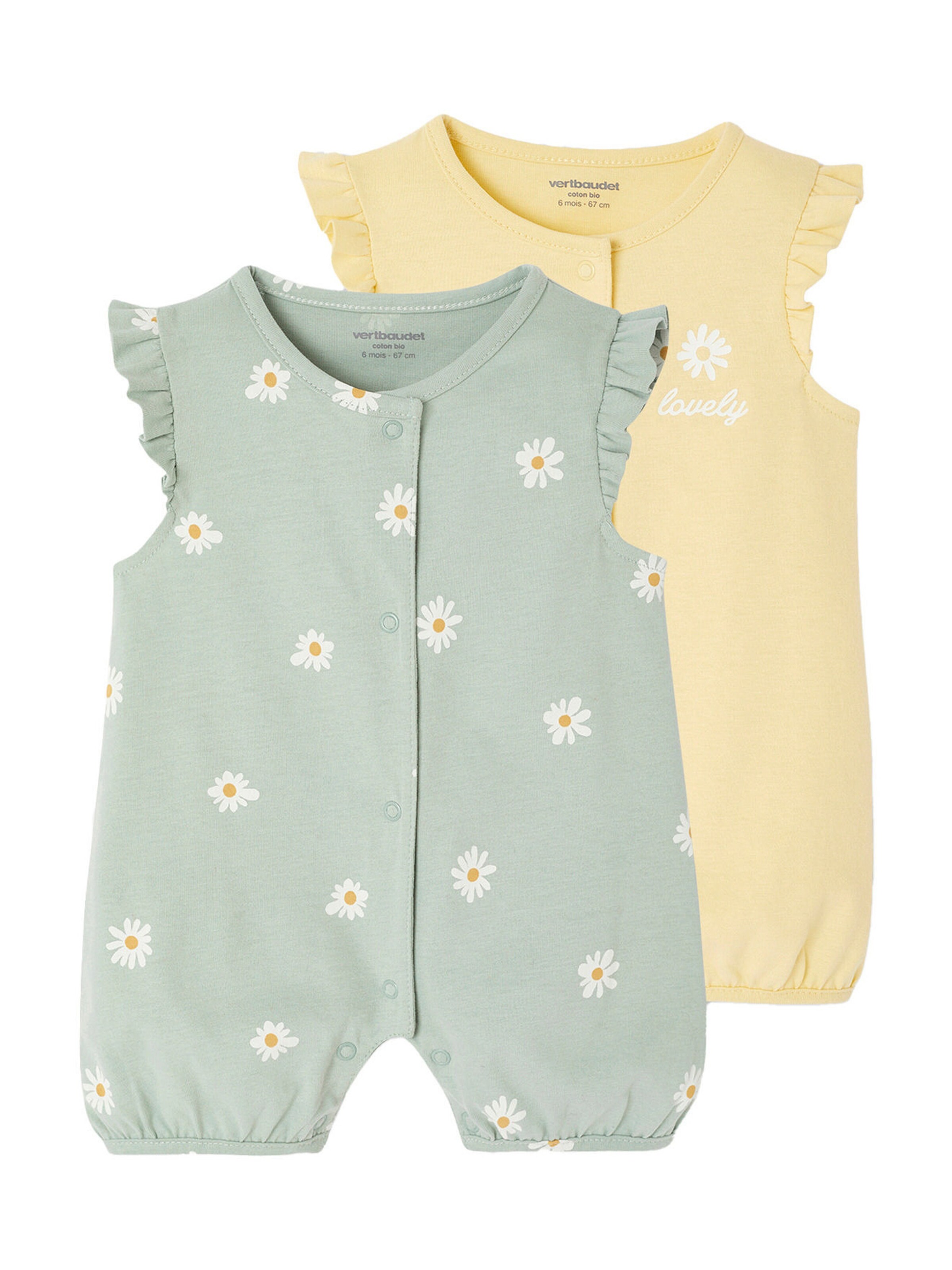 Vertbaudet Bio-Kollektion: 2er-Pack kurze Baby Strampler mit Blumen salbeigrün