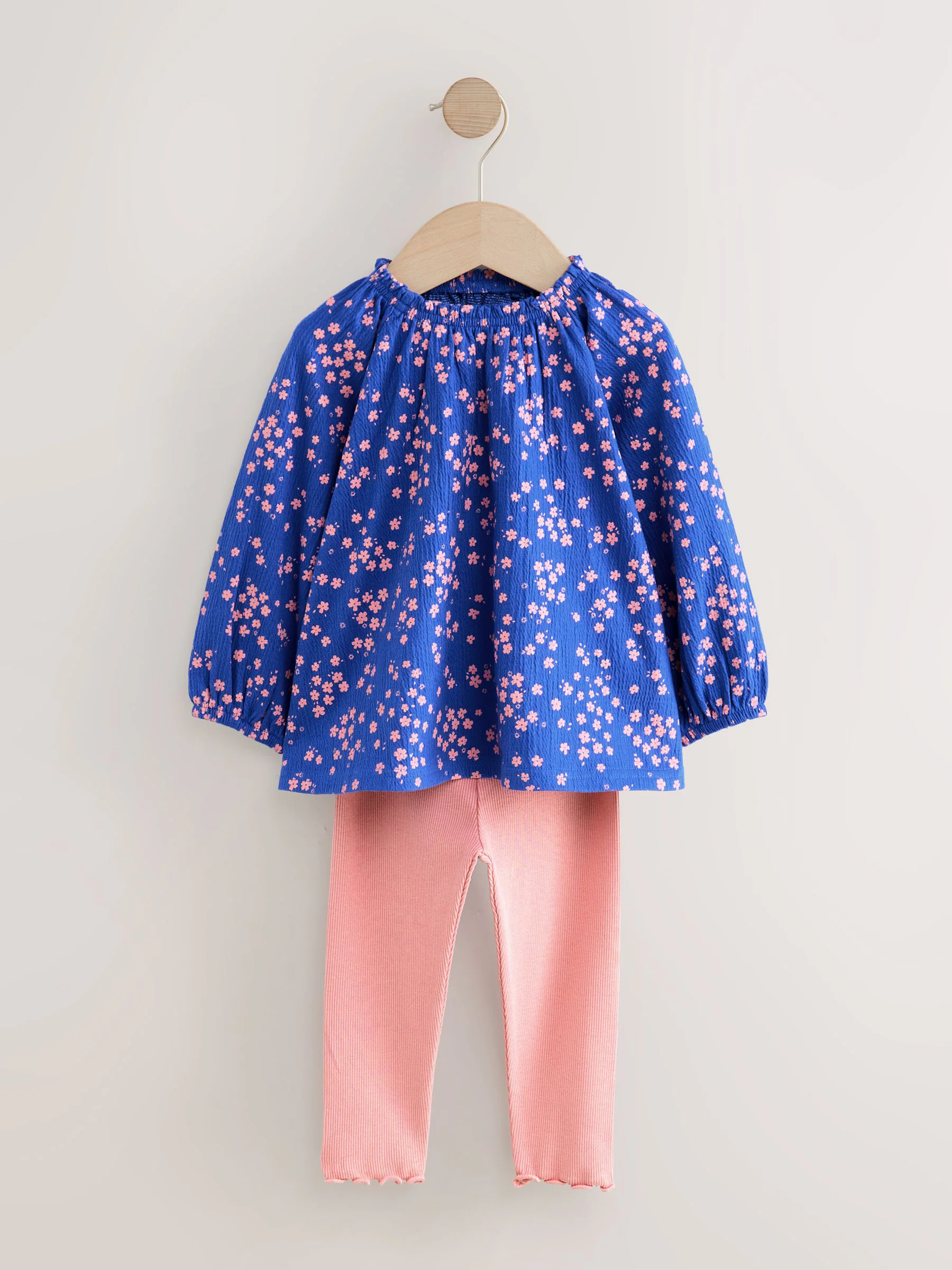 Blauw fijne bloemenprint - Set met blouse met lange mouwen en legging (3mnd-7jr)