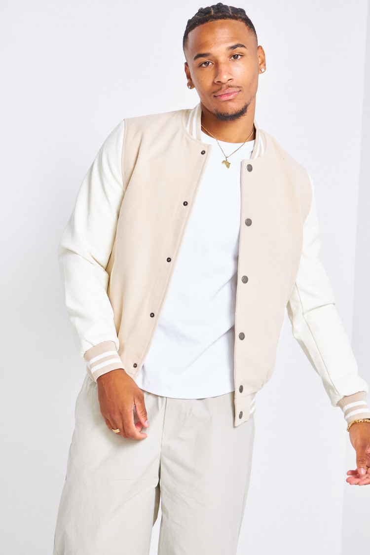 Bomber beige en simili cuir et laine