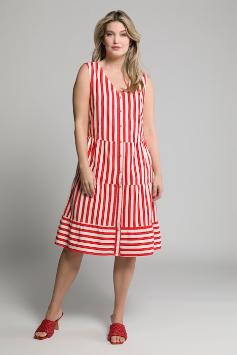 Kleid, Leinenmix, Streifen, V-Ausschnitt, ärmellos