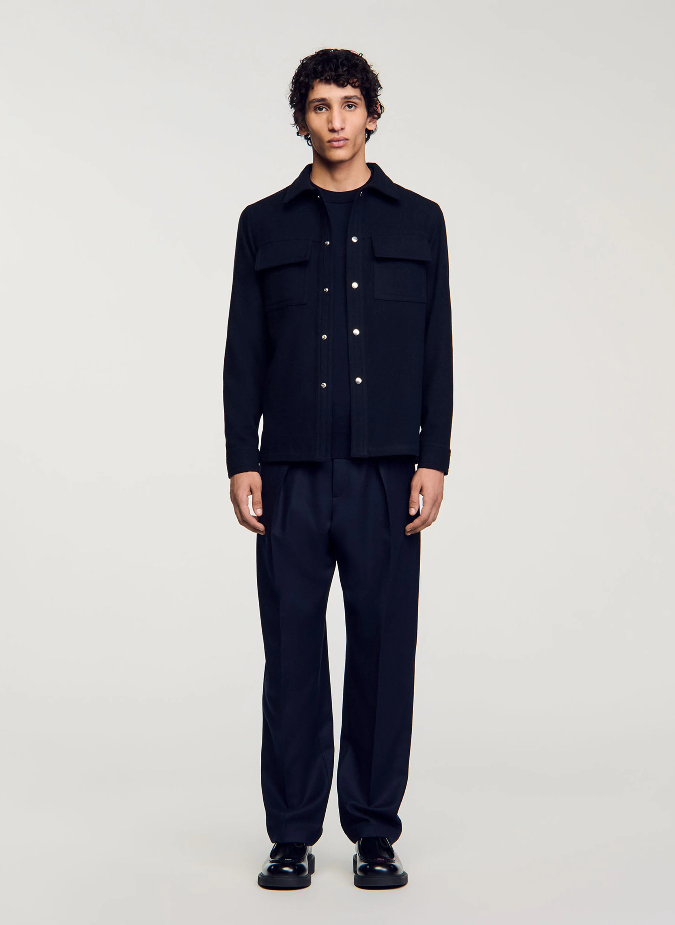 Chemise col classique droite en laine mélangée | Bleu